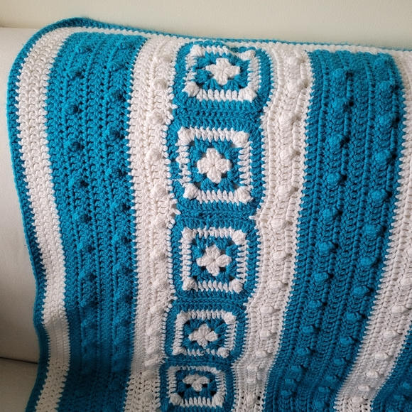 Blue and white Boho Granny crochet Handmade Blanket Throw - Picture 6 of 9
